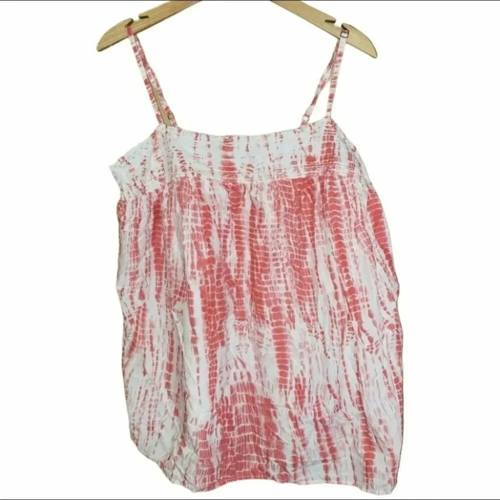 Route 66 Cami Tank Top XL Coral Pink White Tie Dye Eyelet Smocked Boho